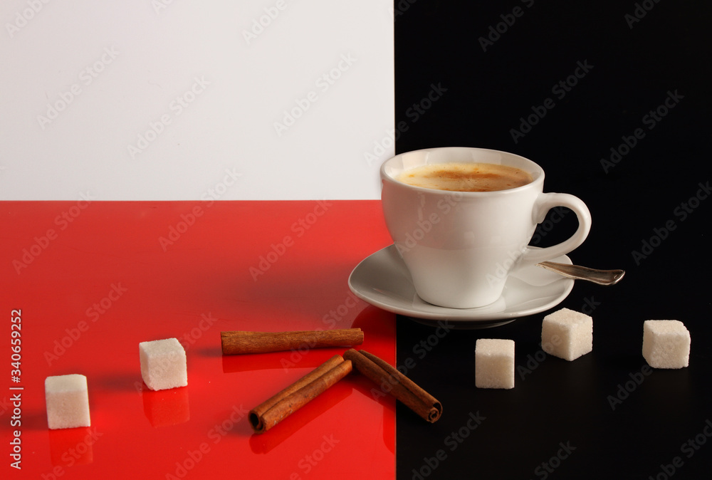 White coffee Cup on red-black-white background White coffee Cup on red-black-white background