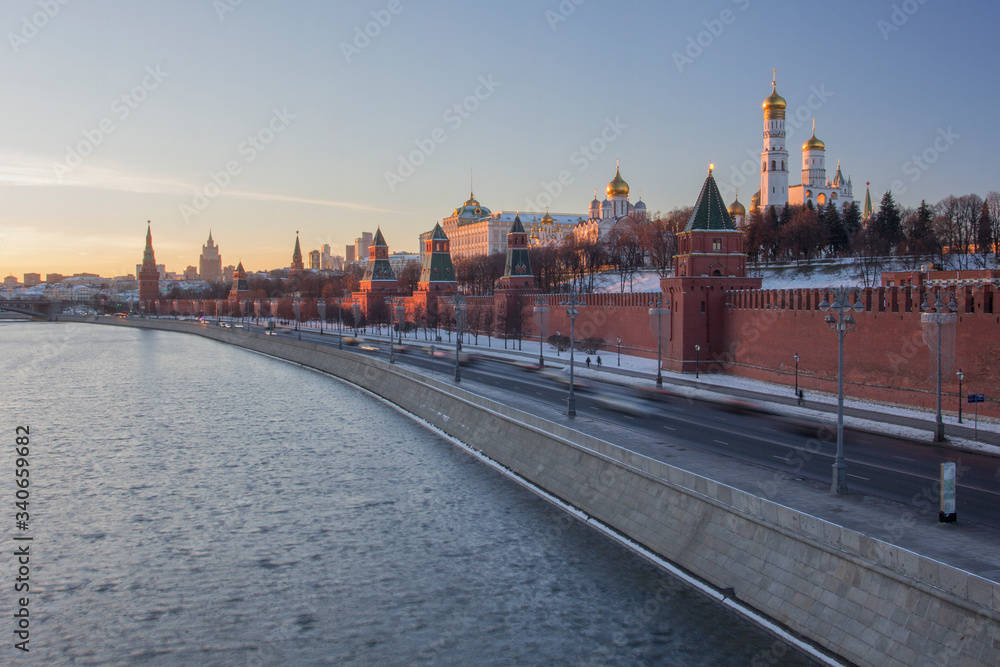 Panoramic view of Moscow Kremlin at sunset. Winter view.