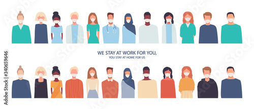 Coronavirus COVID-19 quarantine. Vector horizontal illustration in flat style isolated on white. People in masks. Thank you doctors and nurses. We stay at work for you, you stay at home for us.
