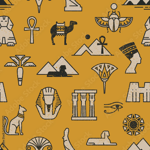Dark seamless pattern of symbols, landmarks, and signs of Egypt from icons in a linear style