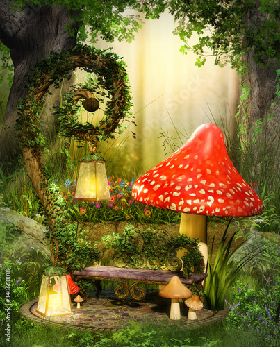 Enchanting fairy lounge bench in a deep magical forest.