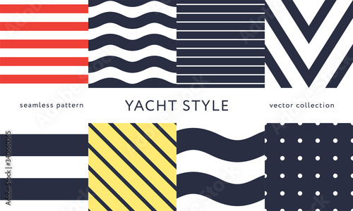 Set of nautical seamless patterns. Yacht style design. Vintage decorative background. Template for prints, wrapping paper, fabrics, flyers, banners, posters and placards. Vector illustration. 