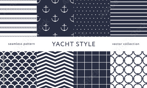 Set of nautical seamless patterns. Yacht style design. Vintage decorative background. Template for prints, wrapping paper, fabrics, flyers, banners, posters and placards. Vector illustration. 