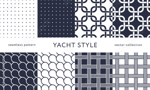 Set of nautical seamless patterns. Yacht style design. Vintage decorative background. Template for prints, wrapping paper, fabrics, flyers, banners, posters and placards. Vector illustration. 