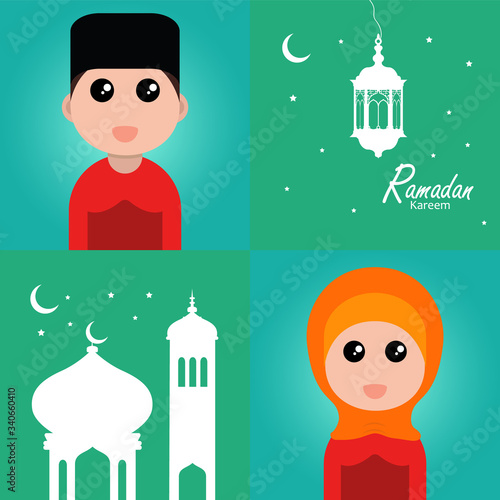 flat illustration ramadan background with ramadan kareem character design