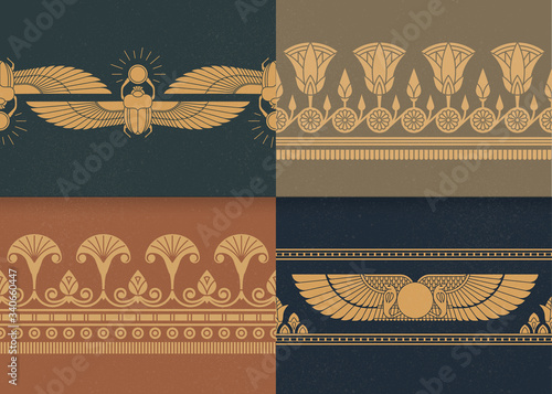 Fototapete Set of four a seamless vector illustration of Egyptian national ornament on the