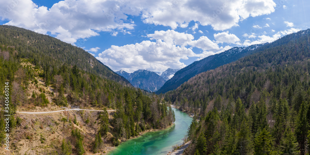 aerial view to panorama of small lake plansee between tirol mountains in austria aerial view to panorama of small lake plansee between tirol mountains in austria