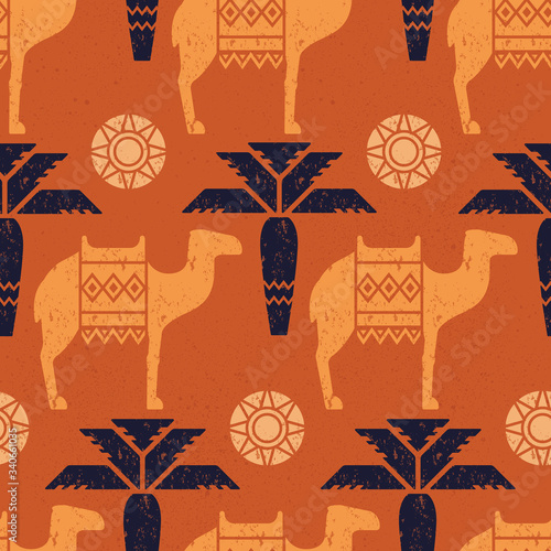 Brown seamless pattern of symbols, landmarks, and signs of Egypt from icons in a linear style