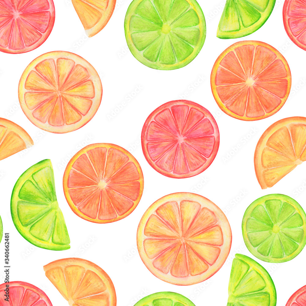 Fototapeta premium watercolor illustration, seamless pattern with colorful citrus, wallpaper ornament, wrapping paper, scrapbooking