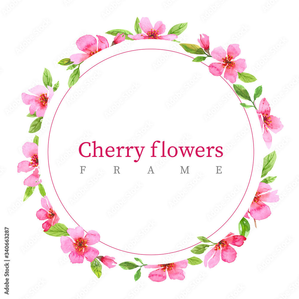 Watercolor cherry blossom flower circle frame wreath. Sakura beautiful spring floral template. Colorful illustration isolated on white background
