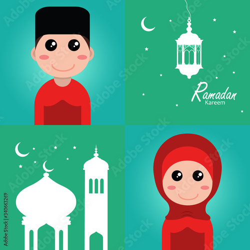 flat illustration ramadan background with ramadan kareem character design
