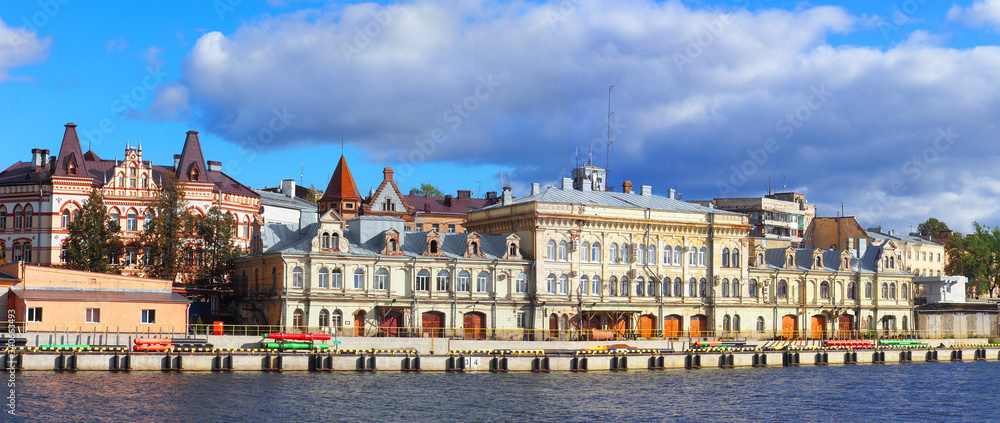 City marina, ancient buildings, panoramic view. Vyborg, Russia