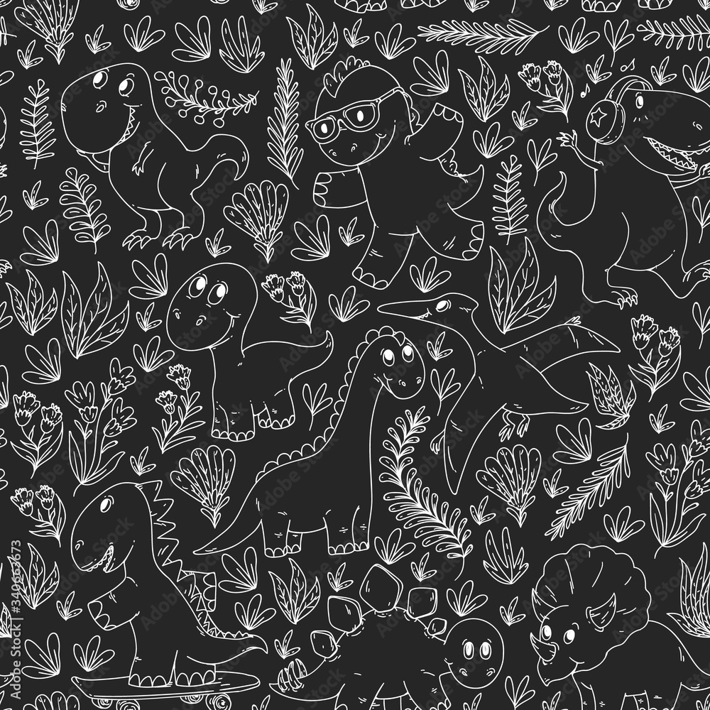 Fototapeta premium Dinosaurs, dino. Vector pattern kids fabric, textile, nursery wallpaper. Illustration for children.