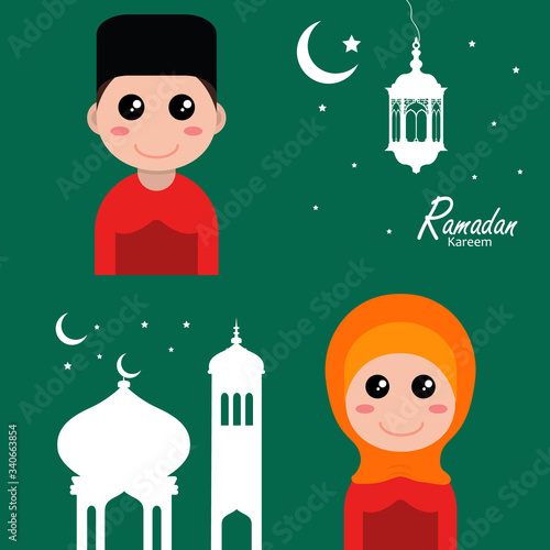 flat illustration ramadan background with ramadan kareem character design