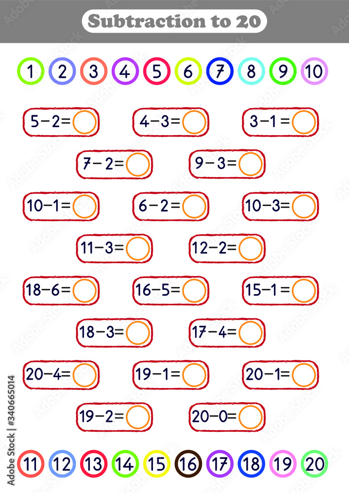 Subtraction to 20, math worksheet for kids, printable activity and