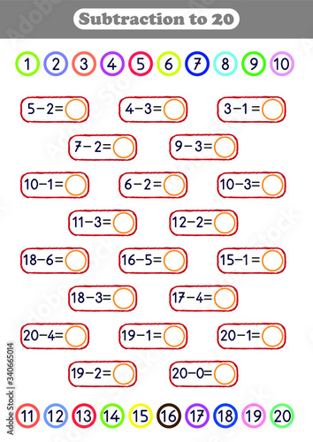 Subtraction to 20, math worksheet for kids, printable activity and homework pages