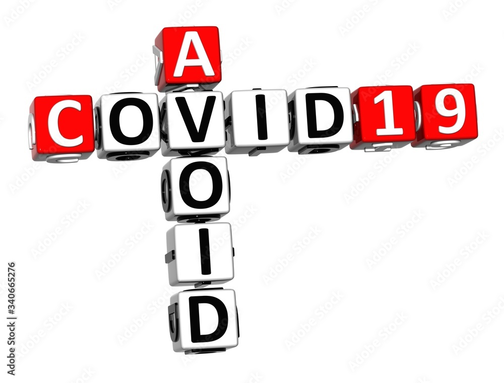 Avoid Coronavirus COVID-19. 3D red-white crossword puzzle on white background. Corona Virus Creative Words. Avoid Coronavirus COVID-19. 3D red-white crossword puzzle on white background. Corona Virus Creative Words.