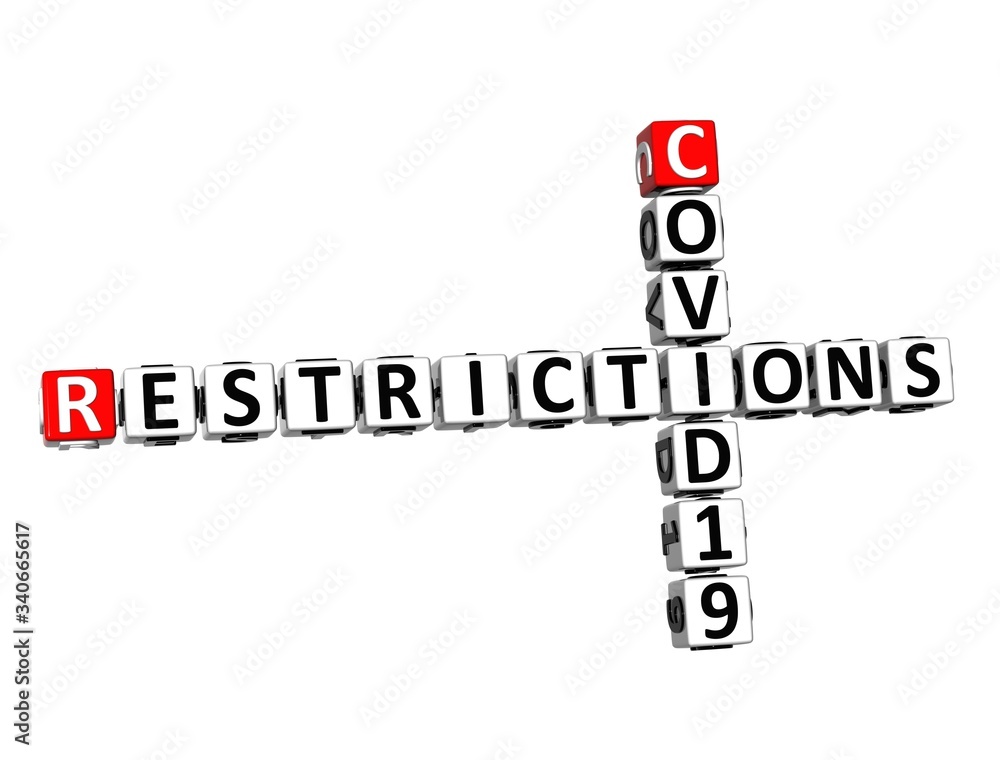 Restrictions. Coronavirus COVID-19. 3D red-white crossword puzzle on white background. Corona Virus Creative Words. Restrictions. Coronavirus COVID-19. 3D red-white crossword puzzle on white background. Corona Virus Creative Words.