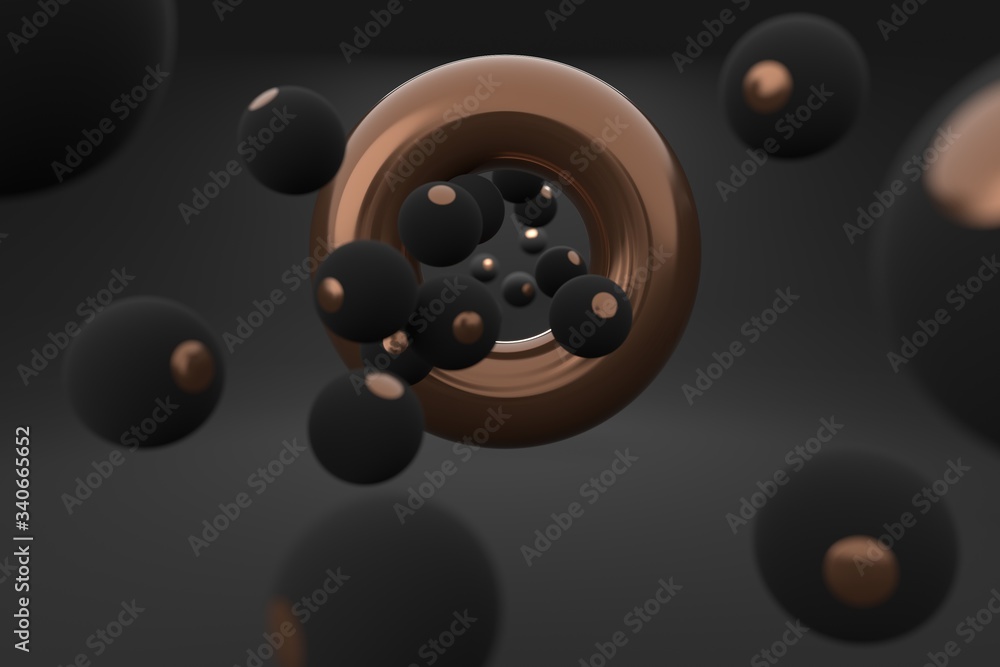 3D render black spheres with bronze paint float through a bronze ring with black background 3D render black spheres with bronze paint float through a bronze ring with black background