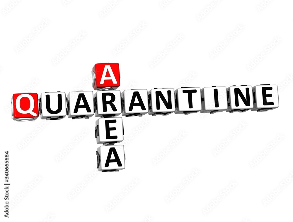 Quarantine Area. Coronavirus COVID-19. 3D red-white crossword puzzle on white background. Corona Virus Creative Words. Quarantine Area. Coronavirus COVID-19. 3D red-white crossword puzzle on white background. Corona Virus Creative Words.