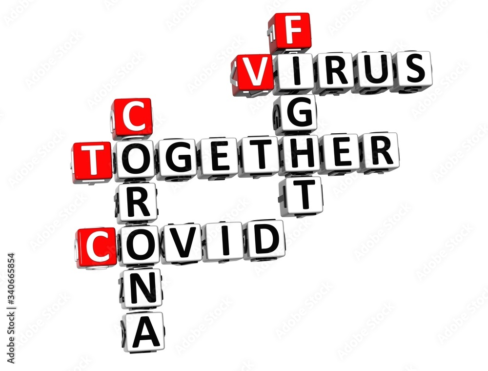 Together Fight Virus. Coronavirus COVID-19. 3D red-white crossword puzzle on white background. Corona Virus Creative Words. Together Fight Virus. Coronavirus COVID-19. 3D red-white crossword puzzle on white background. Corona Virus Creative Words.