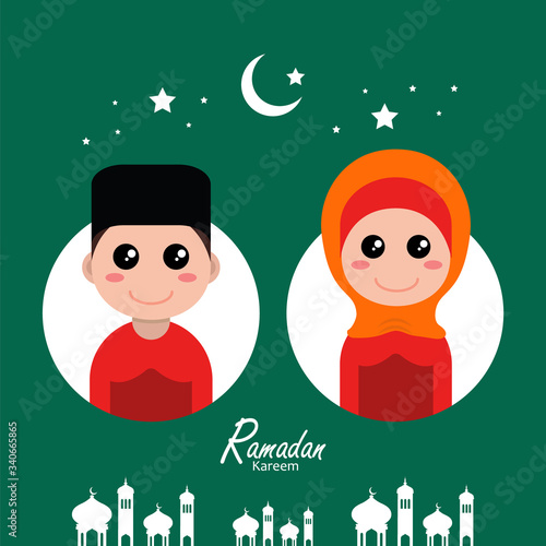 flat illustration ramadan background with ramadan kareem character design