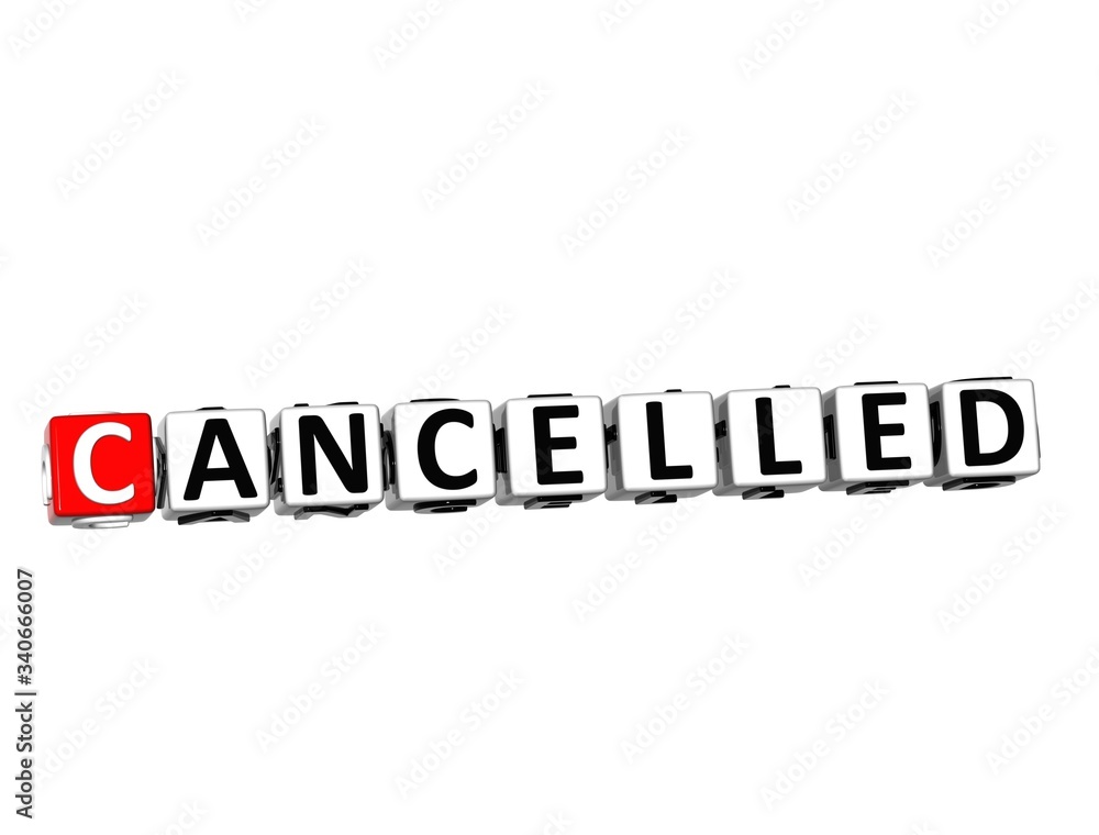 Cancelled. Coronavirus COVID-19. 3D red-white crossword puzzle on white background. Corona Virus Creative Words. Cancelled. Coronavirus COVID-19. 3D red-white crossword puzzle on white background. Corona Virus Creative Words.