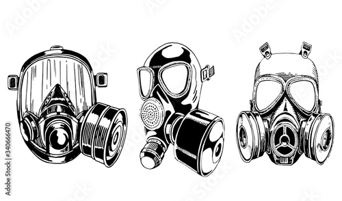 Graphical set of gas masks isolated on white background, vector illustration, virus elements
