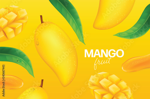 Fresh mango with slices and leaves Vector illustration 