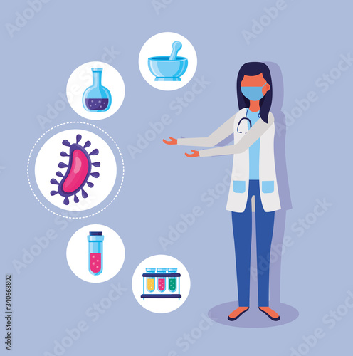 female doctor using face mask with covid19 set icons