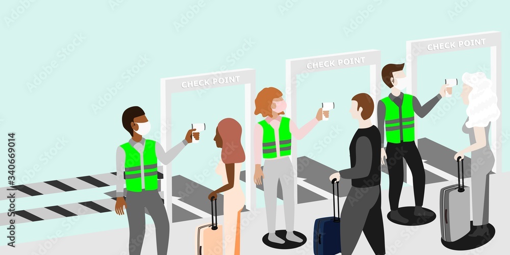 Immigration officials are measuring the temperature of the arrival.corona virus ,covid-19,vector,illustration,web.