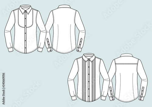 Camicia elegante uomo disegno piatto sketch fashion illustration fronte e retro mock up vettoriale