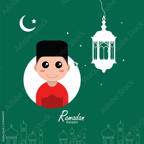 flat illustration ramadan background with ramadan kareem character design