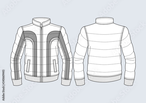 Piumino uomo con fasce a contrasto disegno piatto sketch fashion illustration fronte e retro mock up vettoriale
