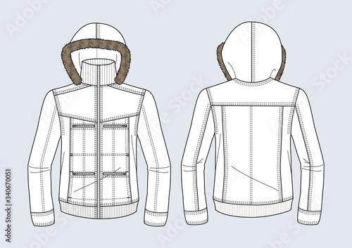 Giubbino parka corto uomo disegno piatto sketch fashion illustration fronte e retro mock up vettoriale
