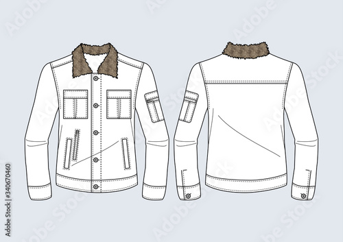 Giubbino uomo con collo in pelo disegno piatto sketch fashion illustration fronte e retro mock up vettoriale