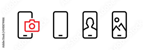 Set of Front, Blank, Selfie, Vertical Phone Multi-Cameras icons. Editable line vector.