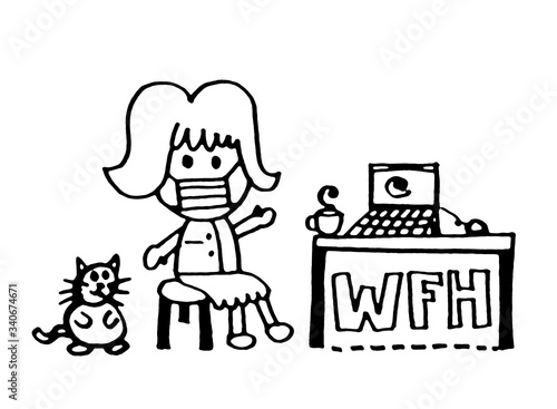 WORK FROM HOME Text Banner with A woman wearing mask Prevent germs virus COVID-19 , Hand drawn , Cartoon Doodle