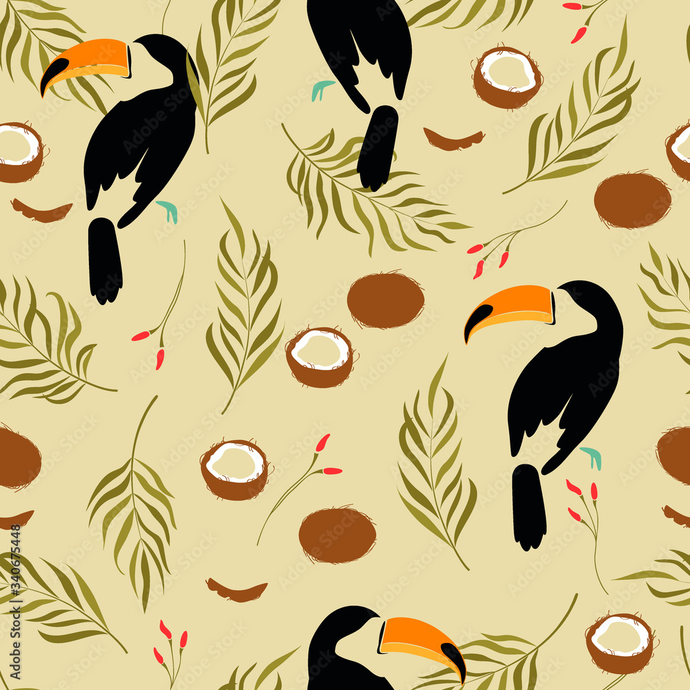 Naklejka premium seamless pattern with toucan and coconuts.Exotic birds in a minimalist, abstract style, hand drawn illustration