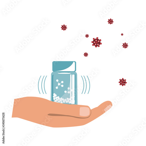 Hand with Homeopathy Medicines Bottle isolated on a White Background. Homeopathic Granules against Virus Illness concept