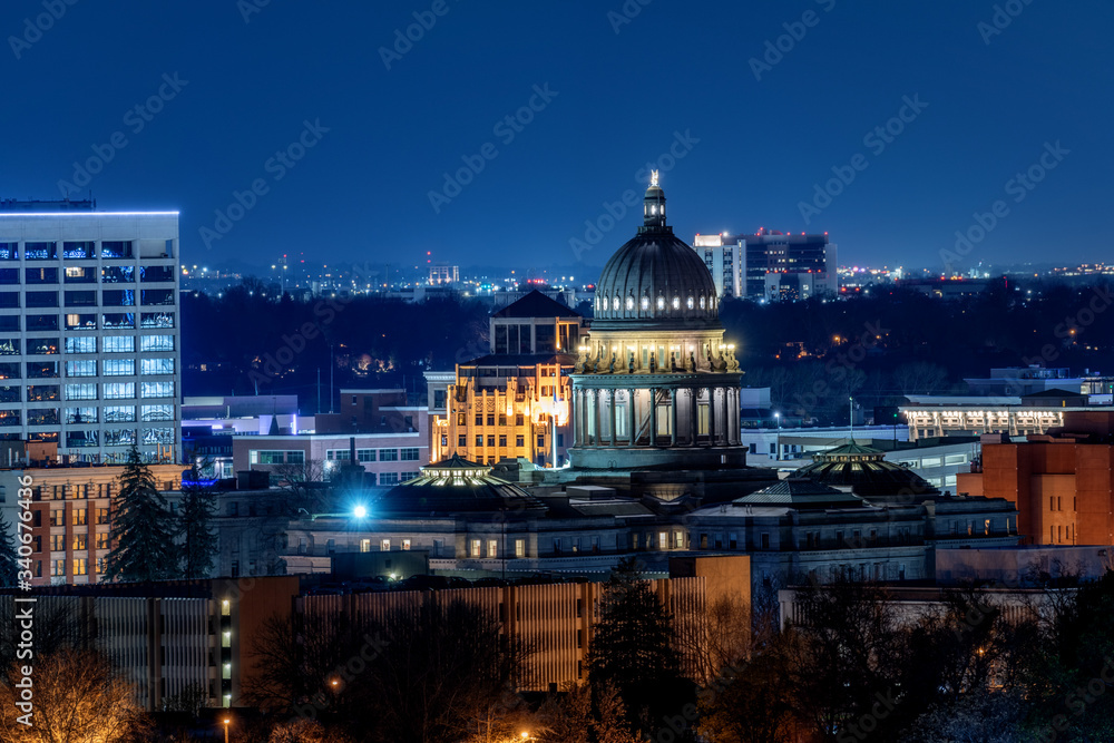Close up of the Idaho State Capital building at night