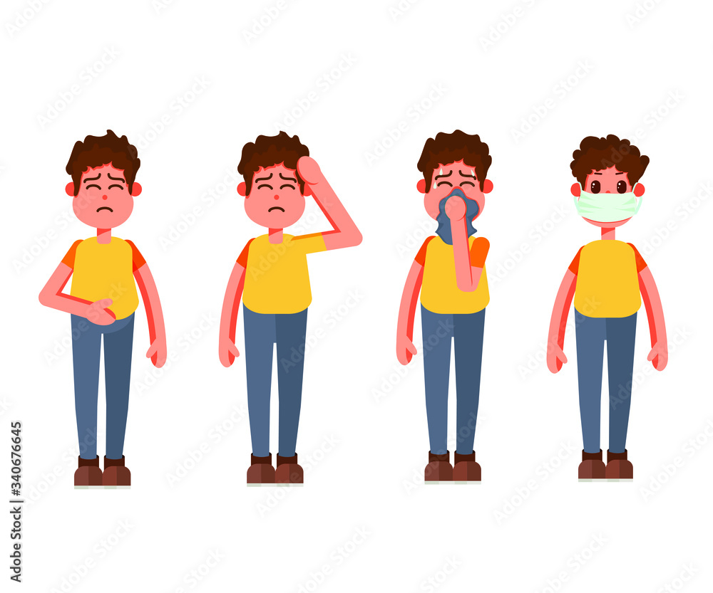 Fototapeta premium Set. Sick person. Man in a medical mask. A man who has pain in different parts of the body: headache, back pain, runny nose. Flat style is isolated on a white background.