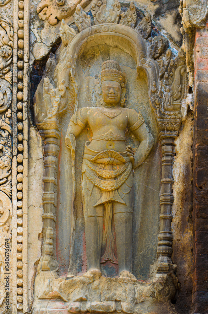 Bas relief sculpture of warrior in Angkor Wat, Cambodia