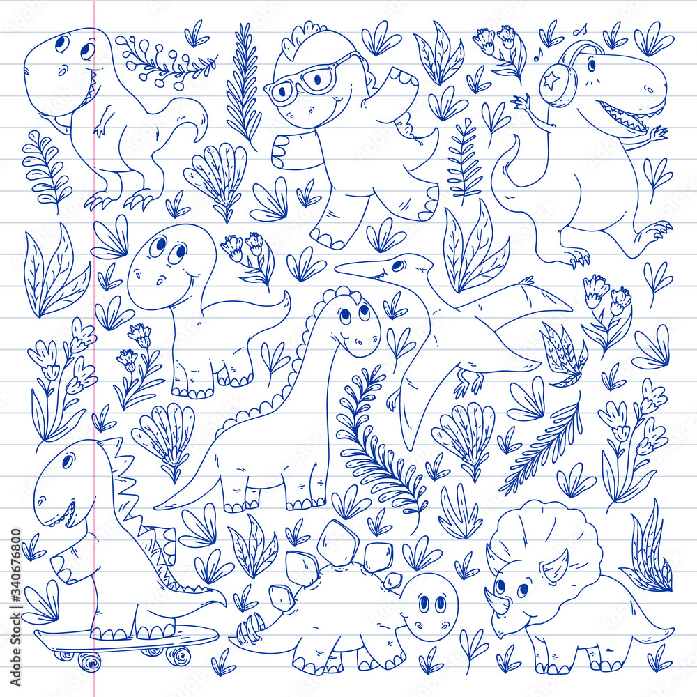 Fototapeta premium Dinosaurs, dino. Vector pattern kids fabric, textile, nursery wallpaper. Illustration for children.