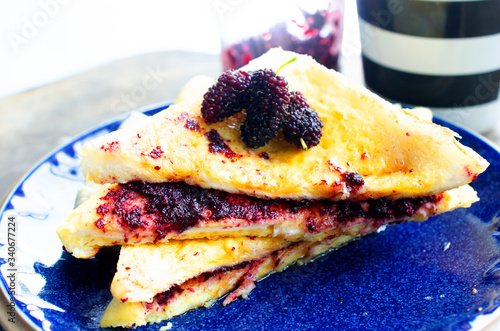 Close up of Honey toast with Mulberrie fruits jam for food and drinks backgrounds