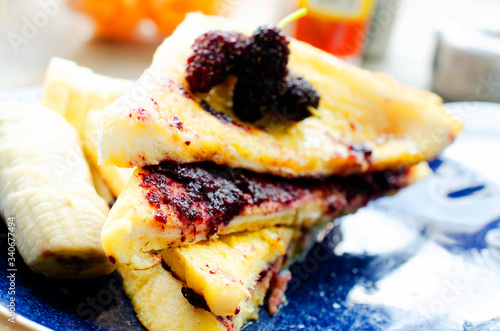 Tasty Honey toast with Mulberrie fruits jam with macro close up for food and drinks backgrounds