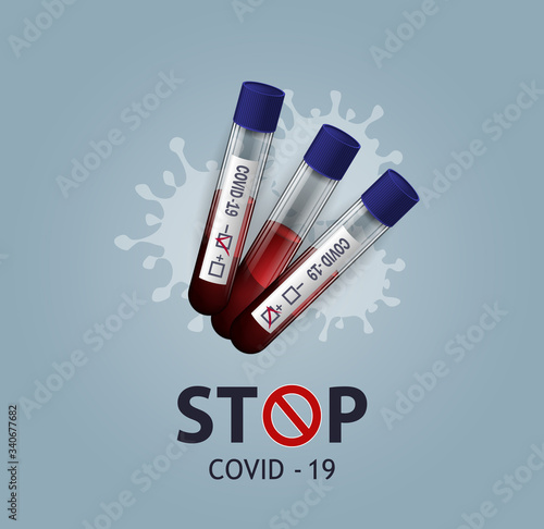 Blue square banner on the topic of the coronavirus with test tubes of blood tests positive and negative, with the inscription Stop COVID-19.Vector illustration, concept for advertising virus tests