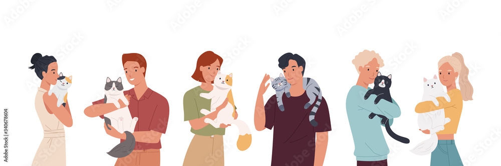 People and their cats isolated on white background. Set of portraits of adorable pet owners and cute domestic animals. Vector illustration in a flat style People and their cats isolated on white background. Set of portraits of adorable pet owners and cute domestic animals. Vector illustration in a flat style
