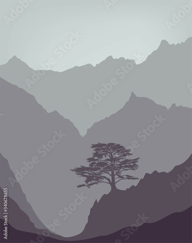 mountains landscape with lebanese cedar tree. flat vector background