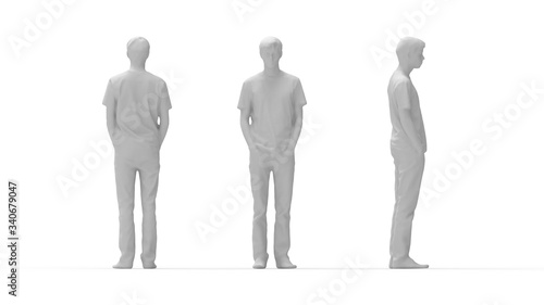 3D rendering of a man standing multiple views side front back casual